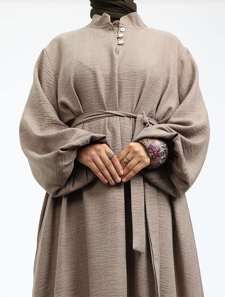 Mocha Linen Feel Nehru Collar Maxi
